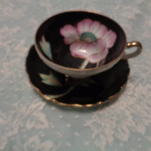 FLOWERS VINTAGE ASIAN STYLED PORCELAIN  IRIDESENT CUP & SAUCER BLACK PIN… - Picture 6 of 9